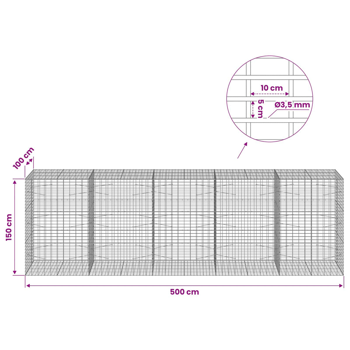 Γκαμπιόν με σύρμα 3,5 mm και πλέγμα 5x10 cm 500x100x150 εκ.