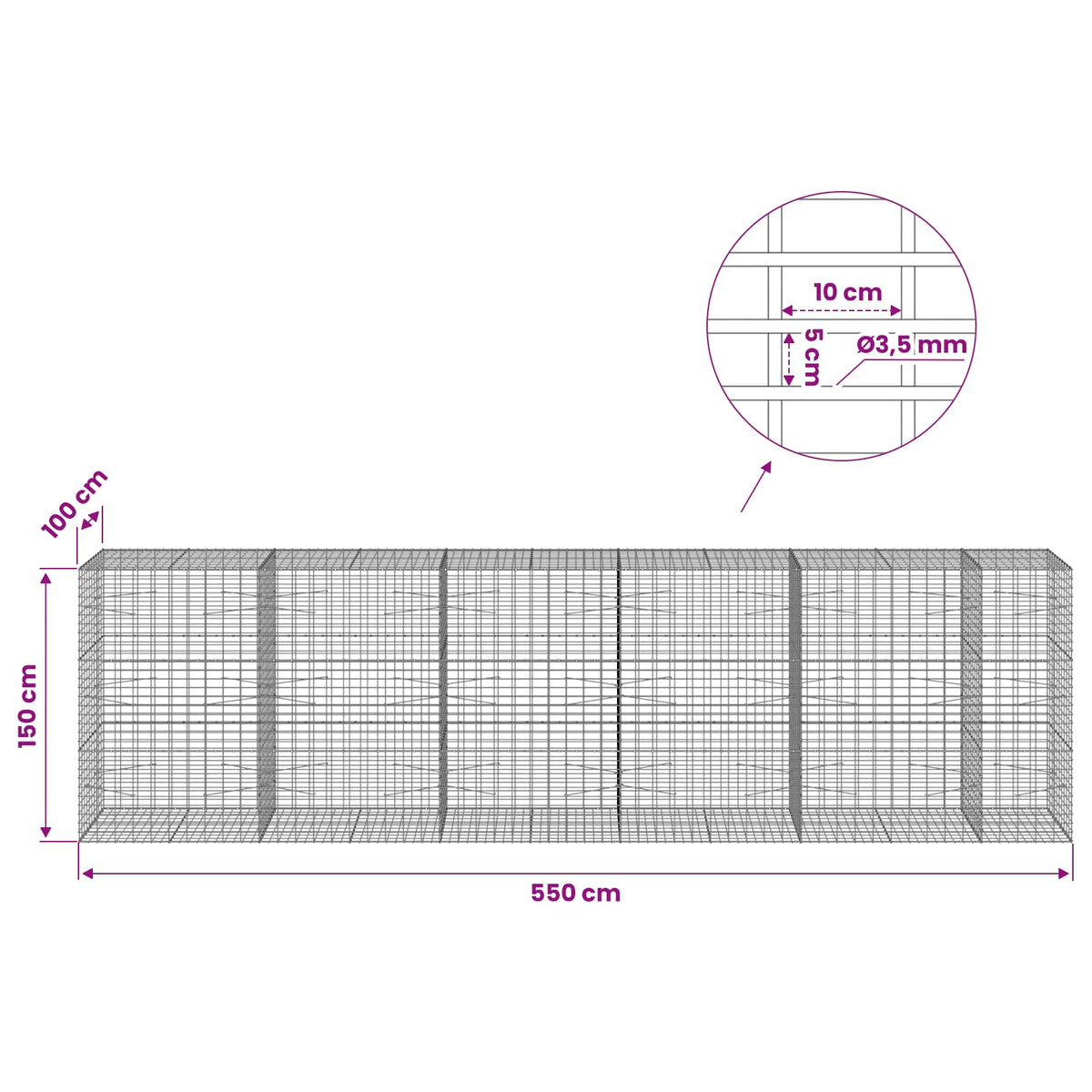 Γκαμπιόν με σύρμα 3,5 mm και πλέγμα 5x10 cm 550x100x150 εκ. - Pakobazaar