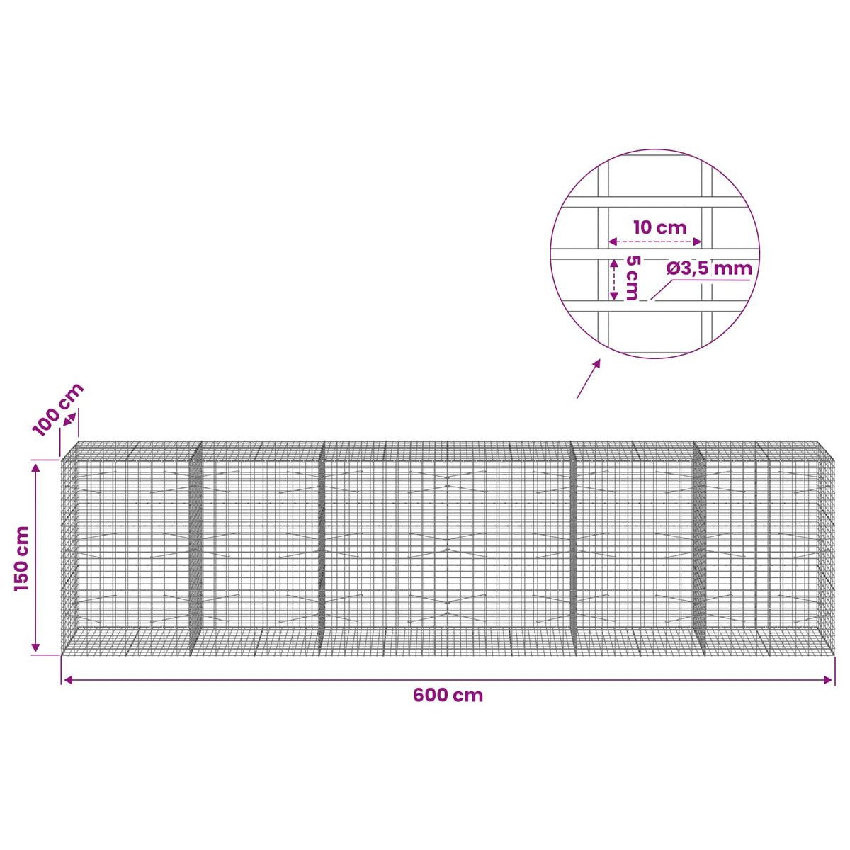 Γκαμπιόν με σύρμα 3,5 mm και πλέγμα 5x10 cm 600x100x150 εκ