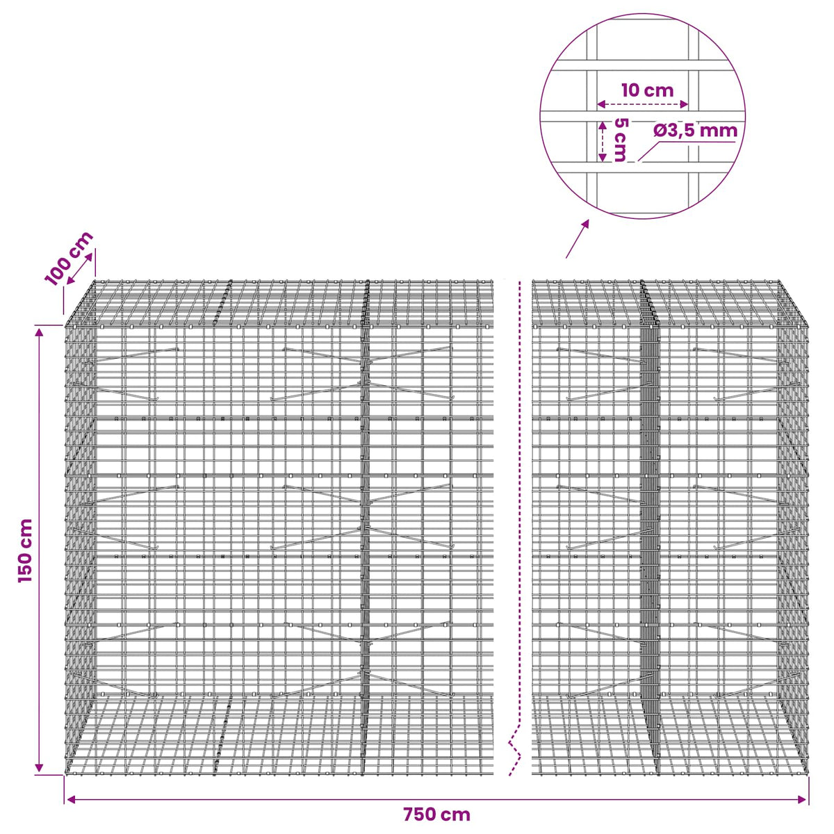 Γκαμπιόν με σύρμα 3,5 mm και πλέγμα 5x10 cm 750x100x150 εκ - Pakobazaar