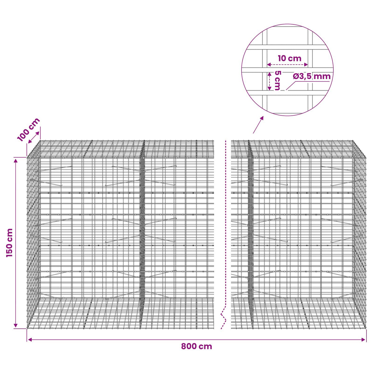 Γκαμπιόν με σύρμα 3,5 mm και πλέγμα 5x10 cm 800x100x150 εκ. - Pakobazaar
