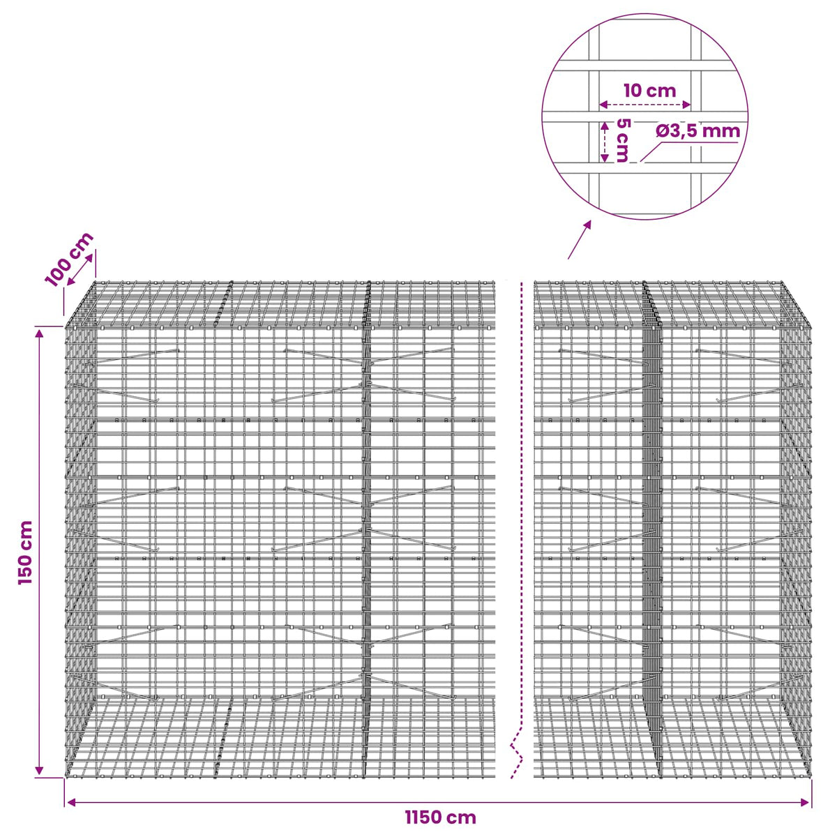Γκαμπιόν με σύρμα 3,5 mm και πλέγμα 5x10 cm 1150x100x150 εκ. - Pakobazaar