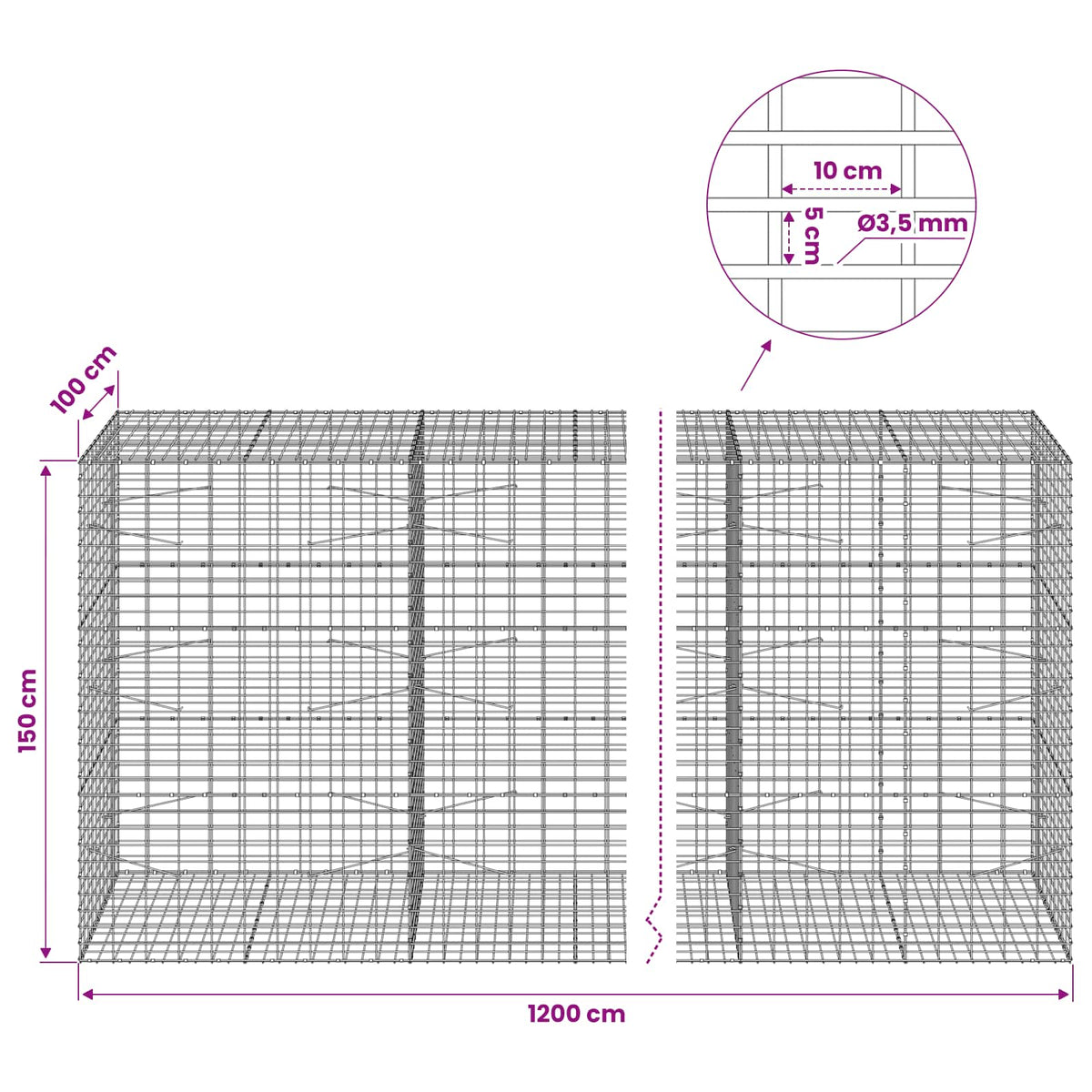 Γκαμπιόν με σύρμα 3,5 mm και πλέγμα 5x10 cm 1200x100x150 εκ. - Pakobazaar