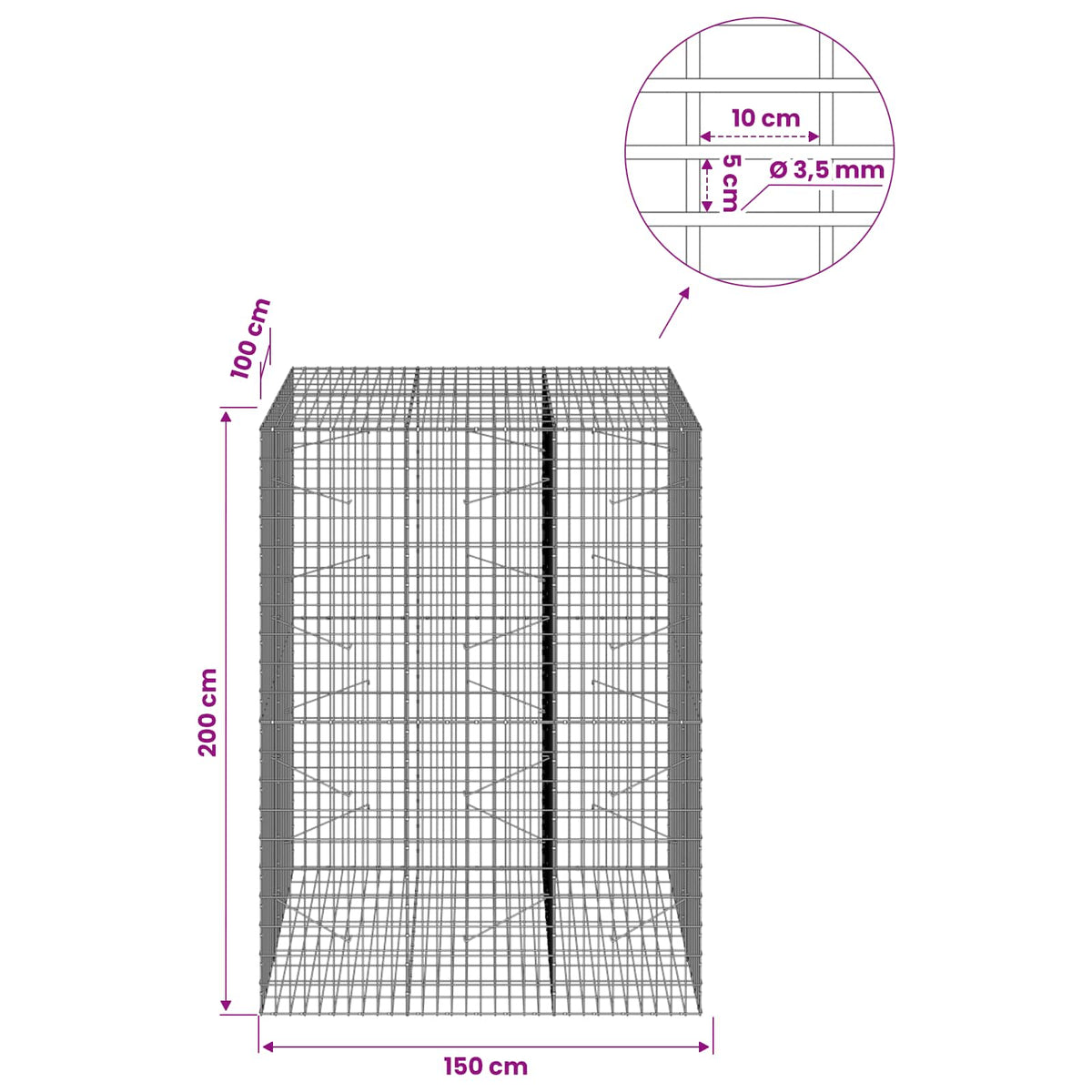 Γκαμπιόν με σύρμα 3,5 mm και πλέγμα 5x10 cm 150x100x200 εκ. - Pakobazaar