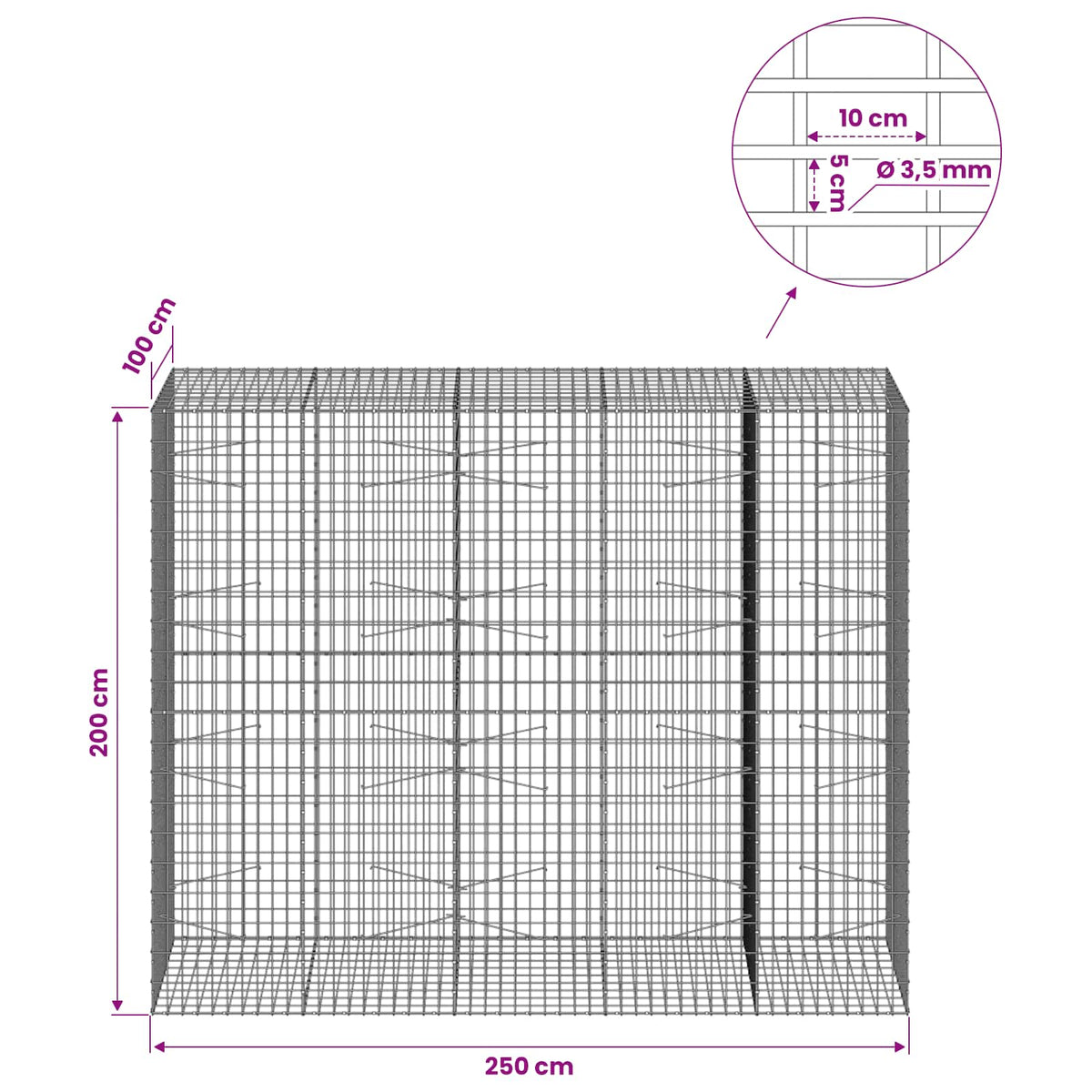 Γκαμπιόν με σύρμα 3,5 mm και πλέγμα 5x10 cm 250x100x200 εκ. - Pakobazaar