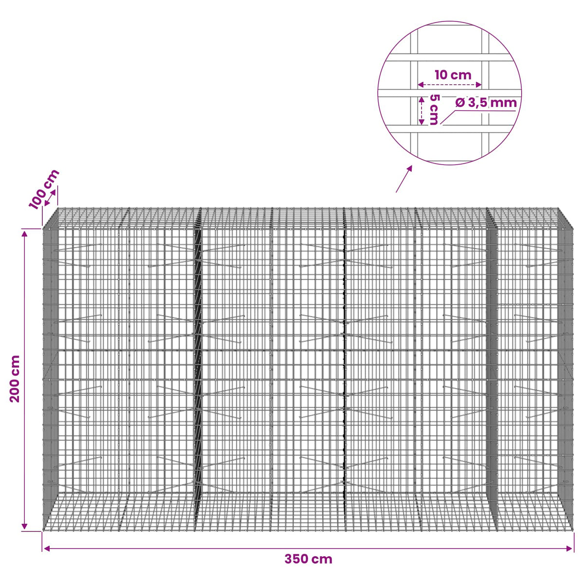 Γκαμπιόν με σύρμα 3,5 mm και πλέγμα 5x10 cm 350x100x200 εκ.