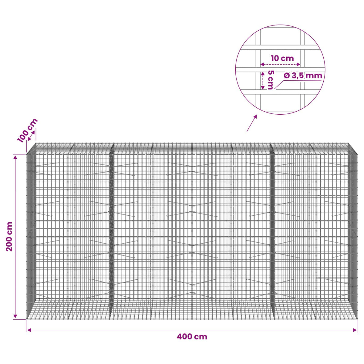 Γκαμπιόν με σύρμα 3,5 mm και πλέγμα 5x10 cm 400x100x200 εκ - Pakobazaar