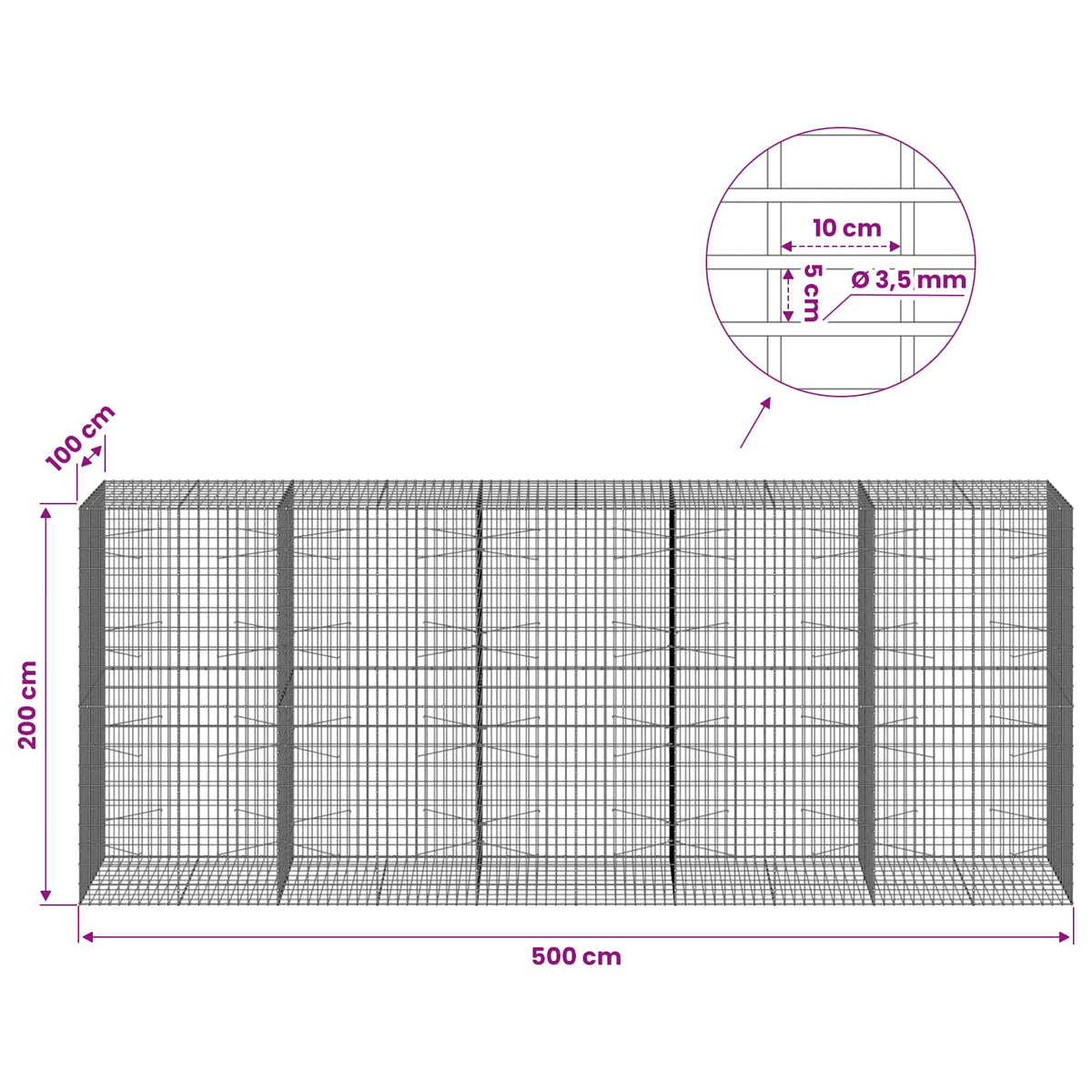 Γκαμπιόν με σύρμα 3,5 mm και πλέγμα 5x10 cm 500x100x200 εκ - Pakobazaar