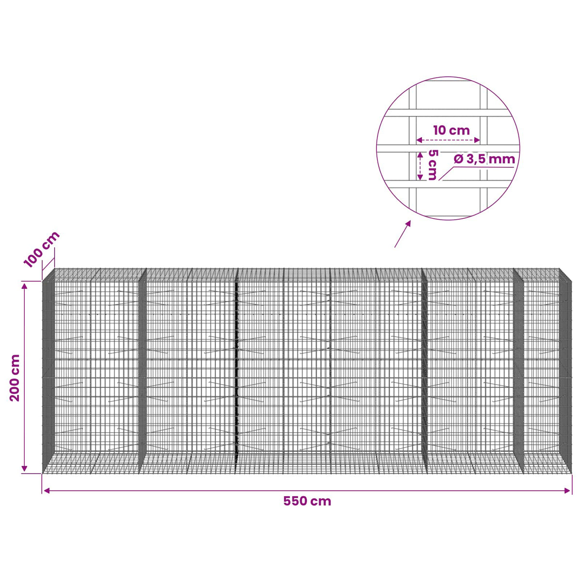Γκαμπιόν με σύρμα 3,5 mm και πλέγμα 5x10 cm 550x100x200 εκ. - Pakobazaar