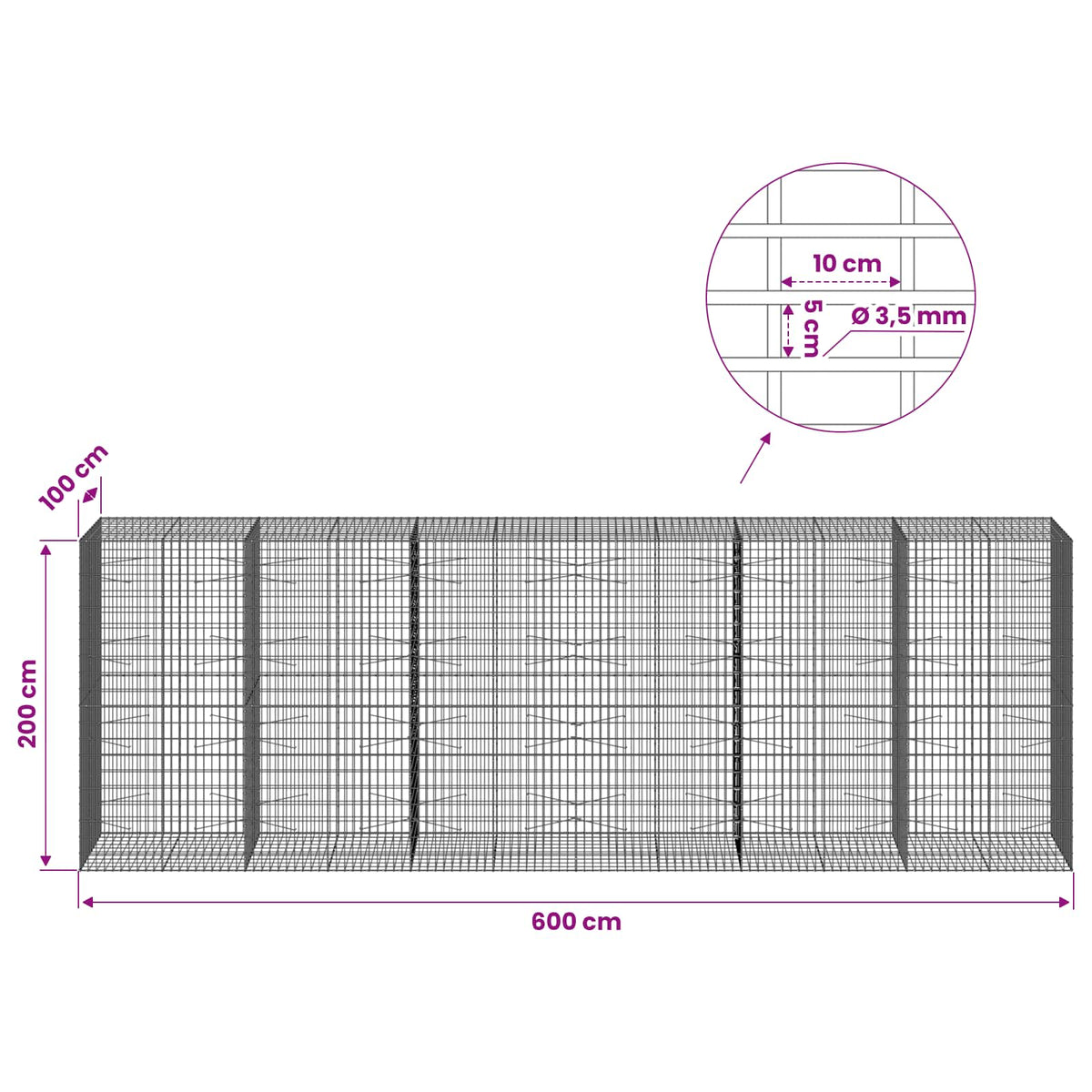 Γκαμπιόν με σύρμα 3,5 mm και πλέγμα 5x10 cm 600x100x200 εκ - Pakobazaar