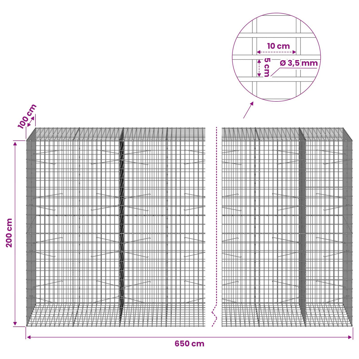 Γκαμπιόν με σύρμα 3,5 mm και πλέγμα 5x10 cm 650x100x200 εκ - Pakobazaar