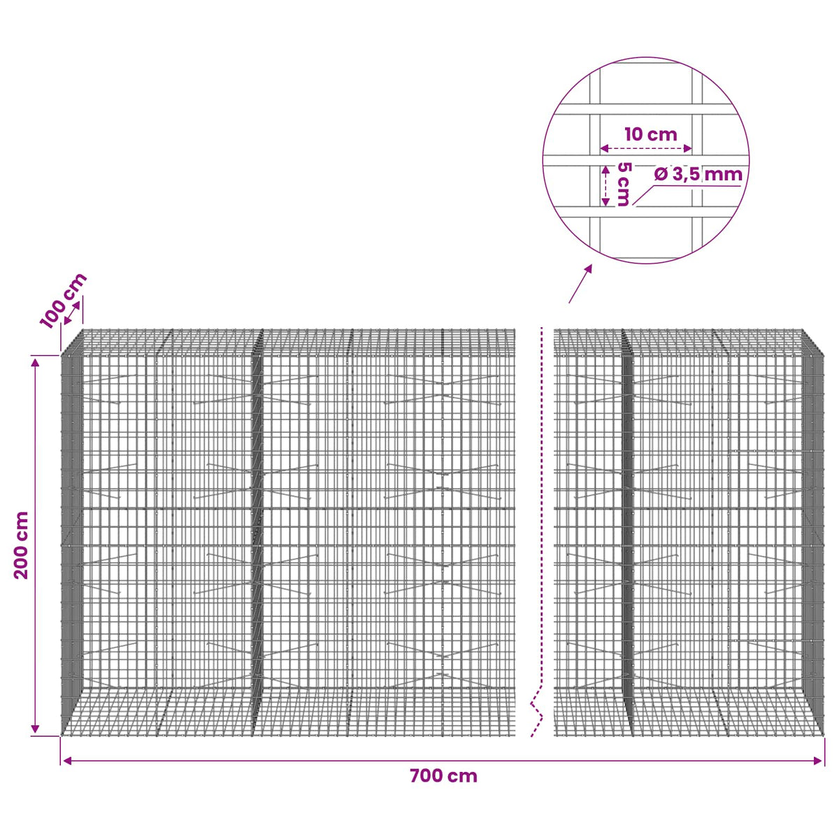 Γκαμπιόν με σύρμα 3,5 mm και πλέγμα 5x10 cm 700x100x200 εκ. - Pakobazaar