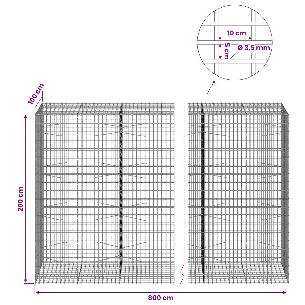 Γκαμπιόν με σύρμα 3,5 mm και πλέγμα 5x10 cm 800x100x200 εκ - Pakobazaar