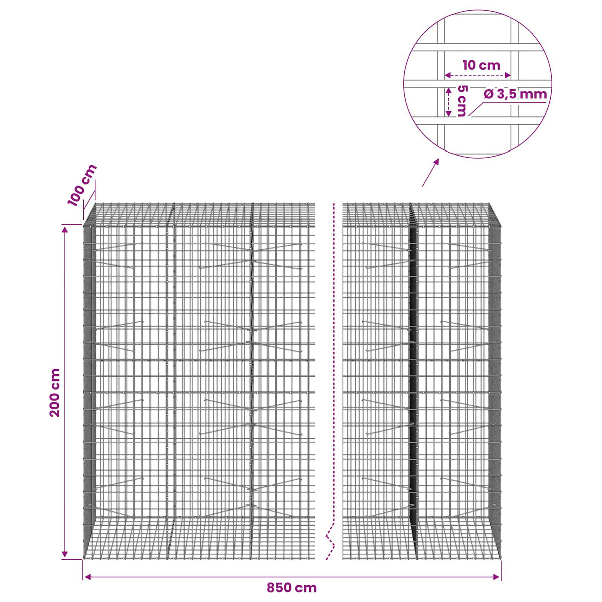 Γκαμπιόν με σύρμα 3,5 mm και πλέγμα 5x10 cm 850x100x200 εκ - Pakobazaar