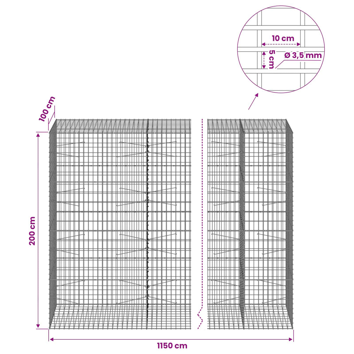 Γκαμπιόν με σύρμα 3,5 mm και πλέγμα 5x10 cm 1150x100x200 εκ - Pakobazaar
