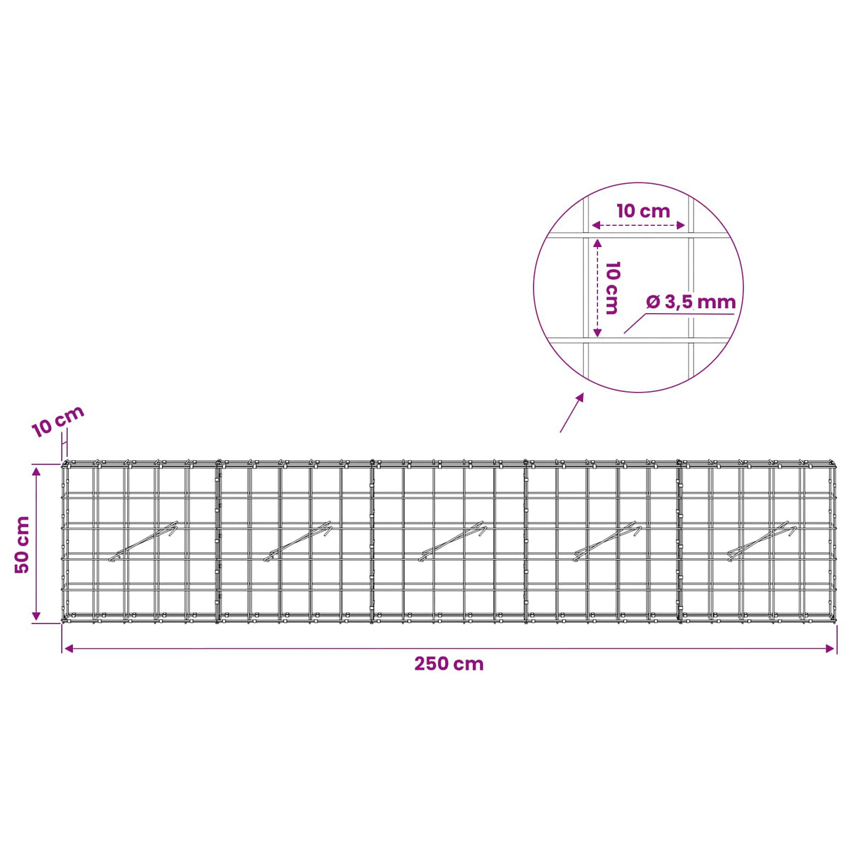 Γκαμπιόν με σύρμα 3,5 mm και πλέγμα 10x10 cm 250x10x50 εκ - Pakobazaar