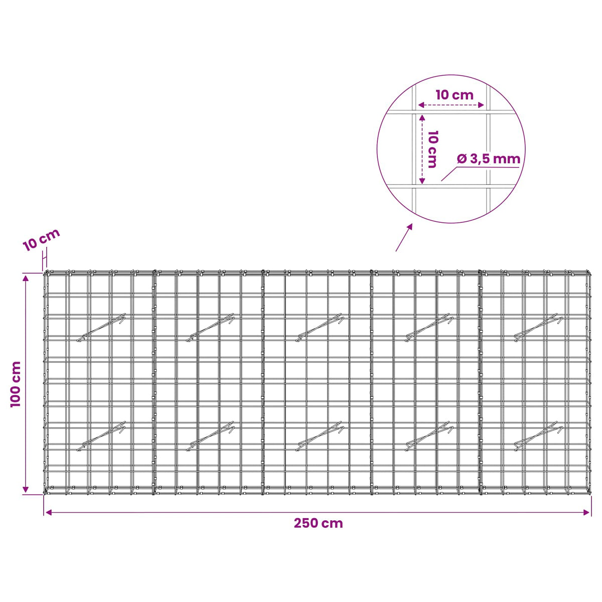 Γκαμπιόν με σύρμα 3,5 mm και πλέγμα 10x10 cm 250x10x100 εκ - Pakobazaar