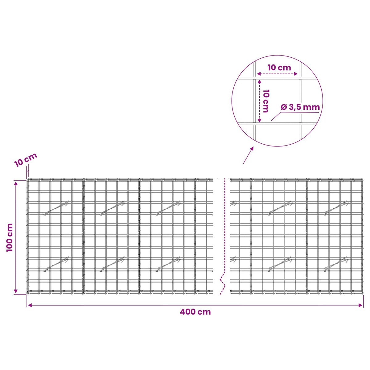 Γκαμπιόν με σύρμα 3,5 mm και πλέγμα 10x10 cm 400x10x100 εκ - Pakobazaar