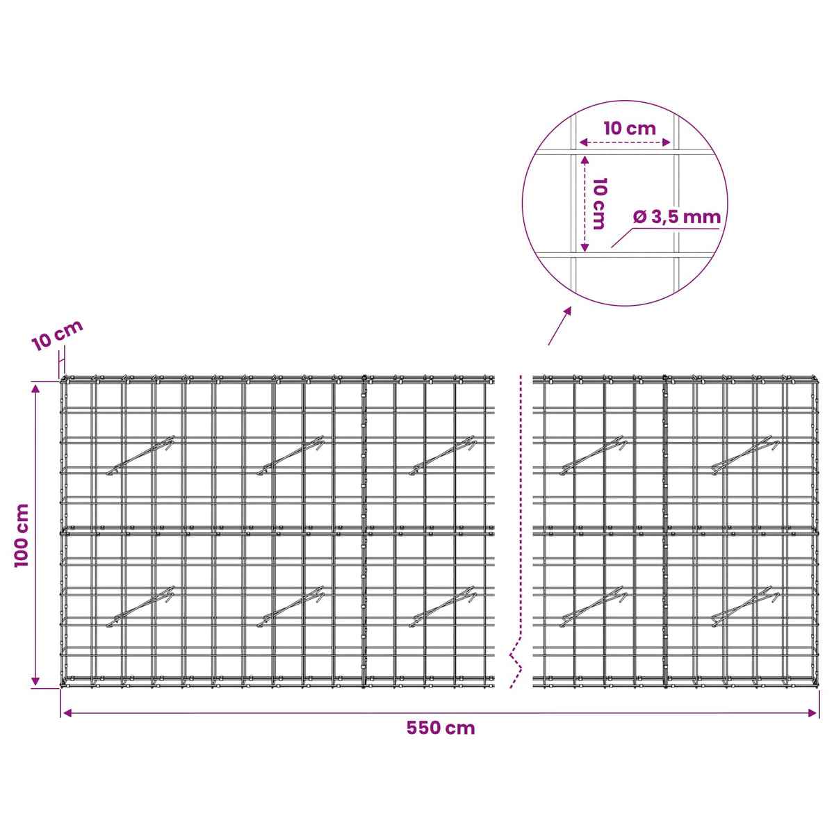 Γκαμπιόν με σύρμα 3,5 mm και πλέγμα 10x10 cm 550x10x100 εκ