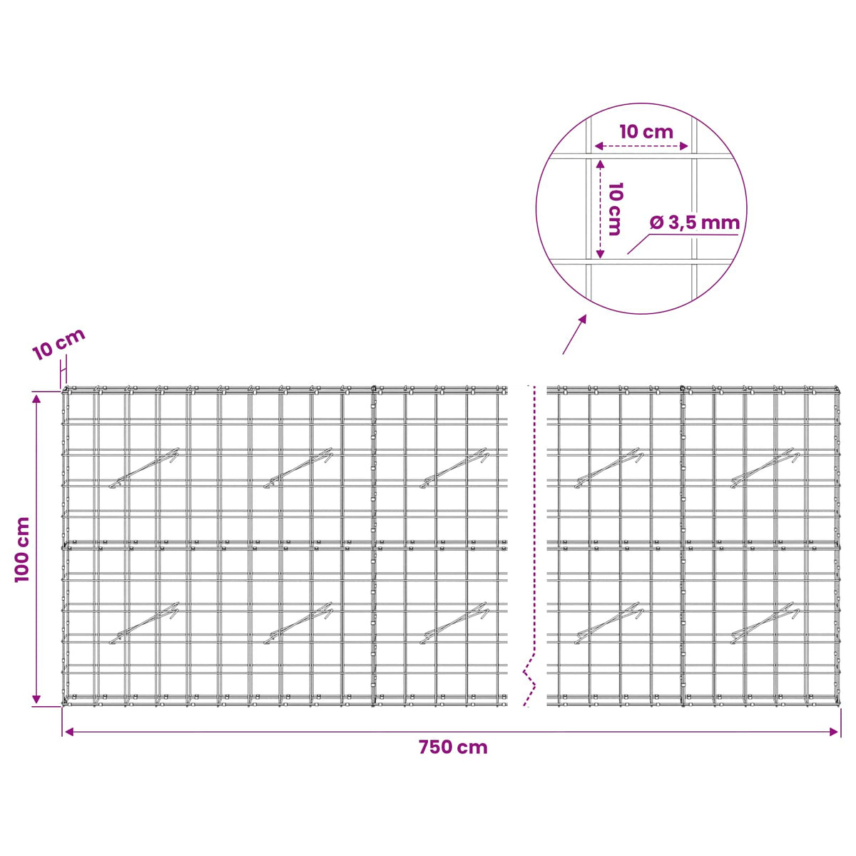 Γκαμπιόν με σύρμα 3,5 mm και πλέγμα 10x10 cm 750x10x100 εκ - Pakobazaar