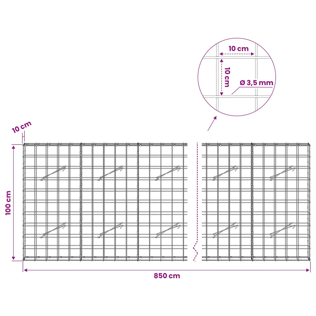 Γκαμπιόν με σύρμα 3,5 mm και πλέγμα 10x10 cm 850x10x100 εκ - Pakobazaar