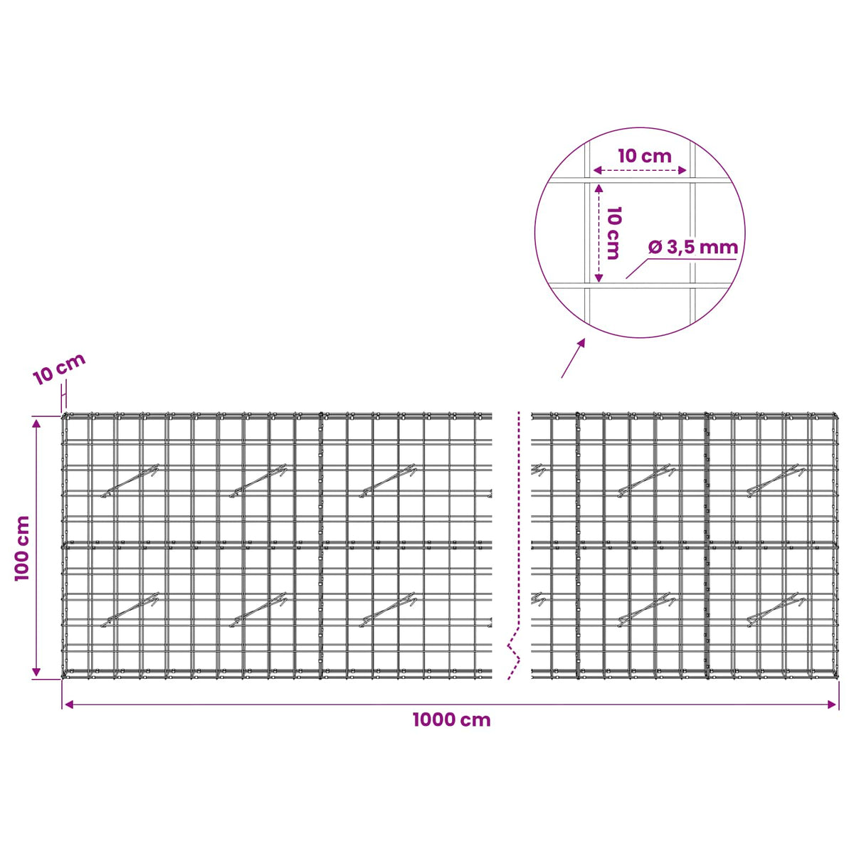 Γκαμπιόν με σύρμα 3,5 mm και πλέγμα 10x10 cm 1000x10x100 εκ.