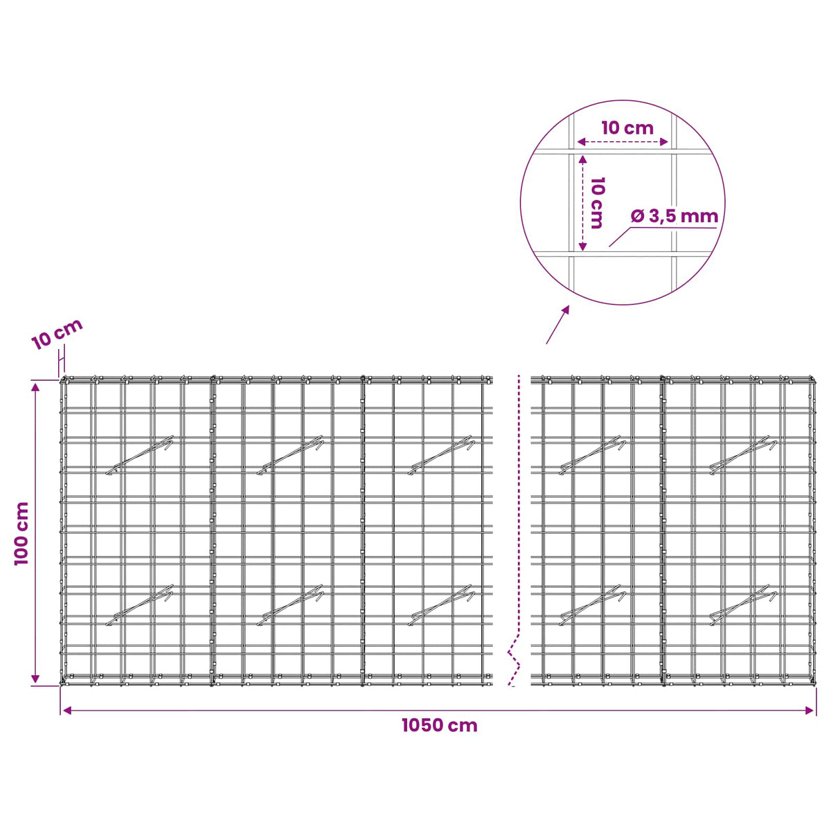 Γκαμπιόν με σύρμα 3,5 mm και πλέγμα 10x10 cm 1050x10x100 εκ. - Pakobazaar