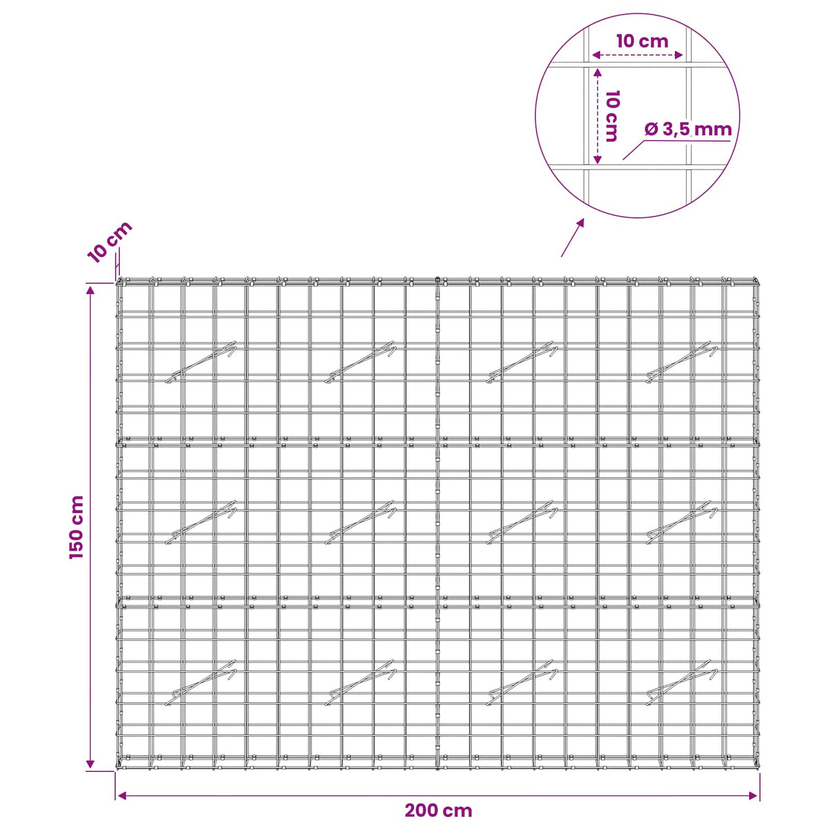Γκαμπιόν με σύρμα 3,5 mm και πλέγμα 10x10 cm 200x10x150 εκ - Pakobazaar