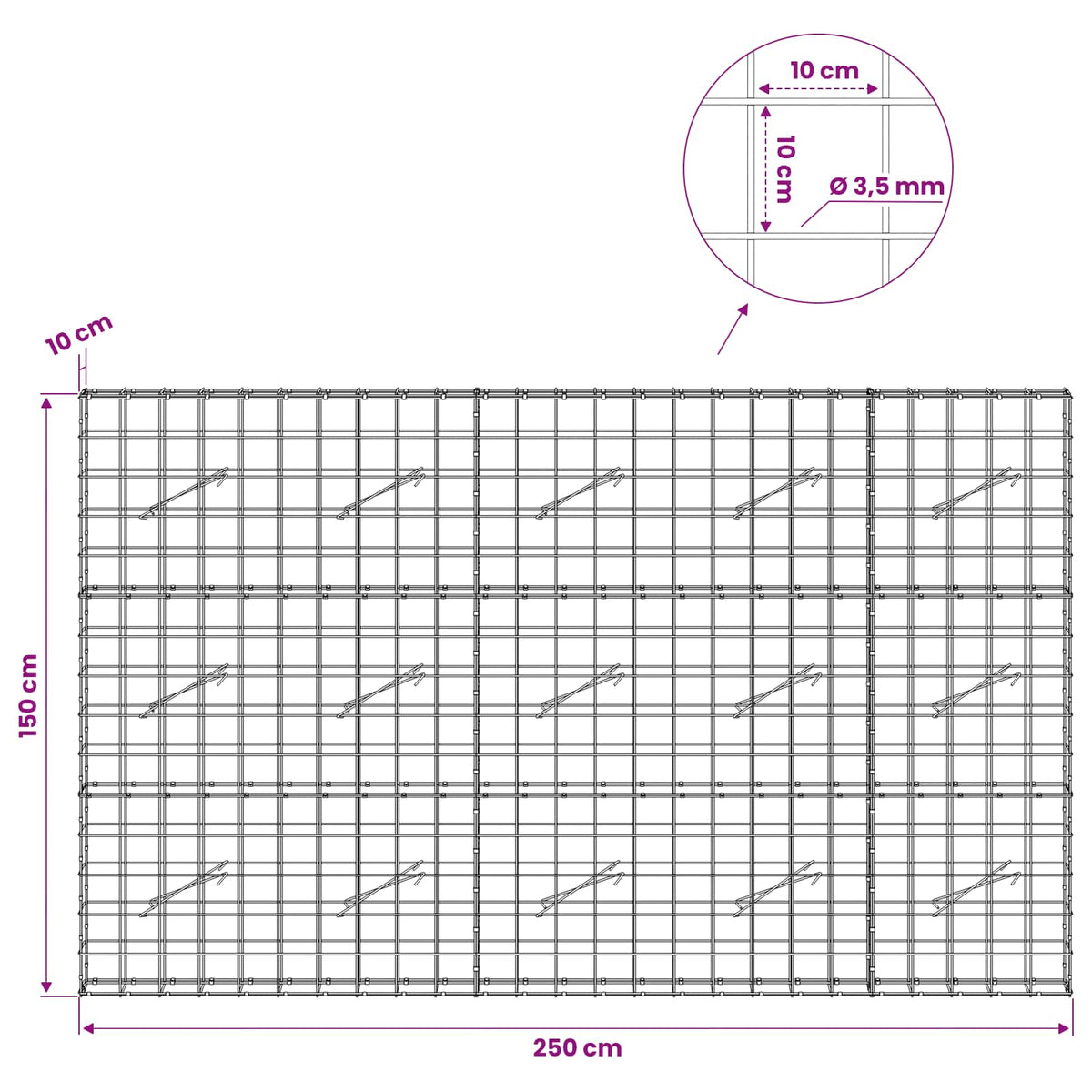 Γκαμπιόν με σύρμα 3,5 mm και πλέγμα 10x10 cm 250x10x150 εκ