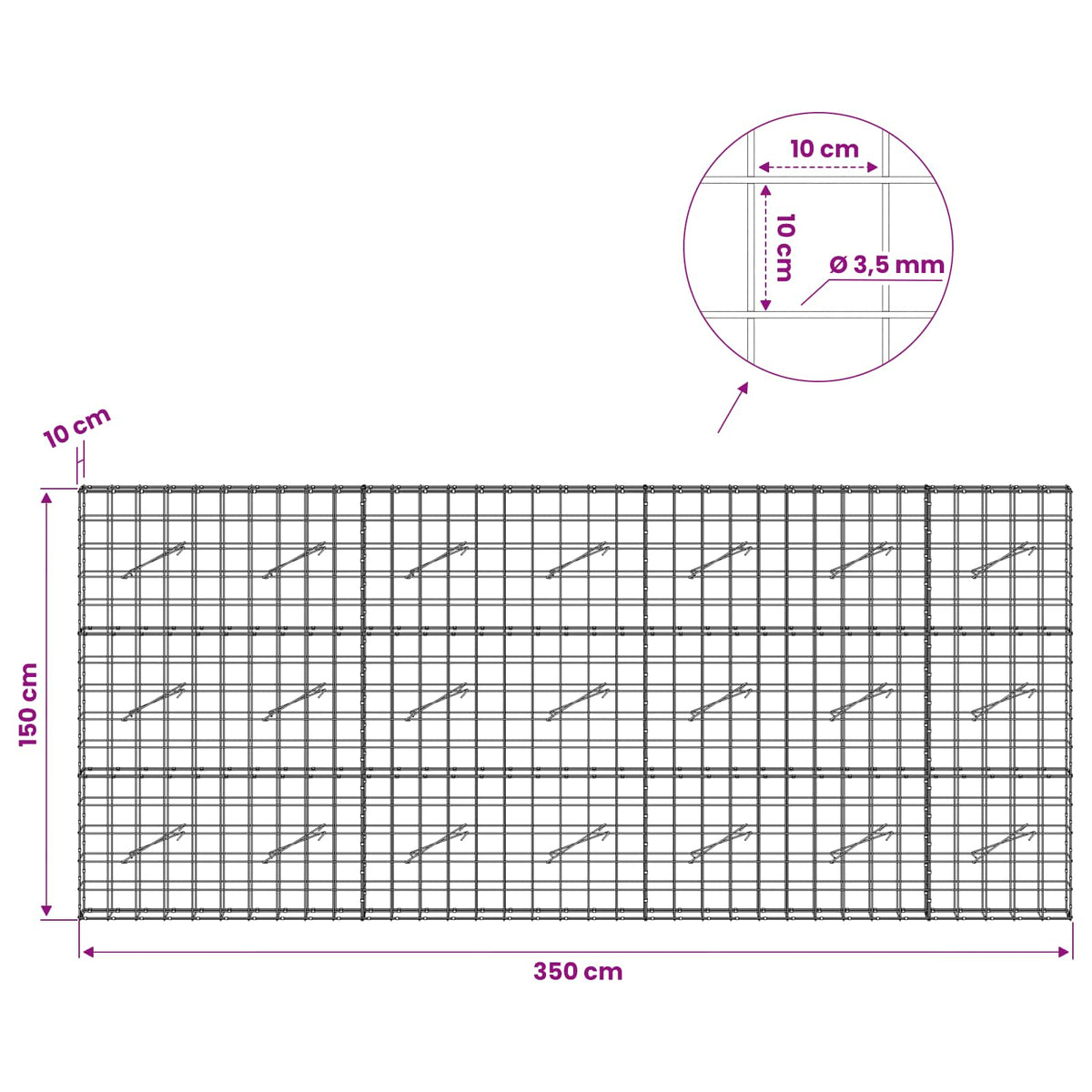 Γκαμπιόν με σύρμα 3,5 mm και πλέγμα 10x10 cm 350x10x150 εκ