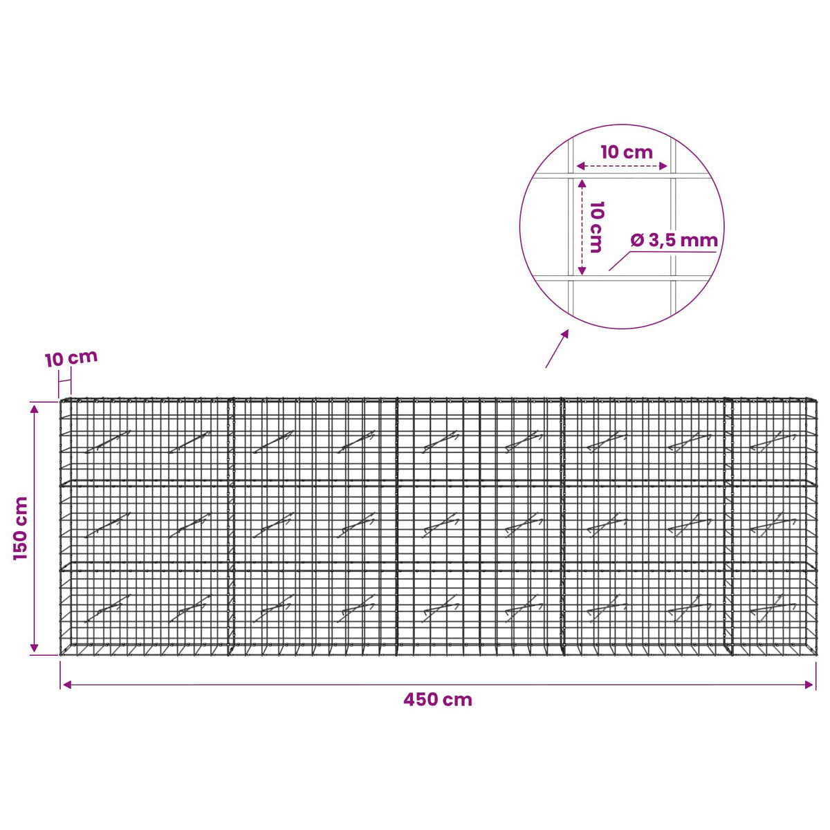 Γκαμπιόν με σύρμα 3,5 mm και πλέγμα 10x10 cm 450x10x150 εκ - Pakobazaar