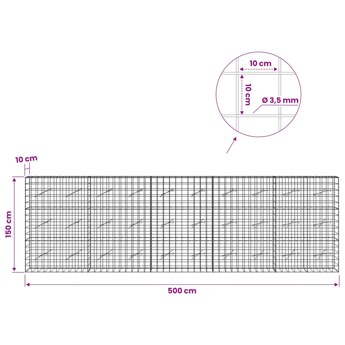 Γκαμπιόν με σύρμα 3,5 mm και πλέγμα 10x10 cm 500x10x150 εκ - Pakobazaar