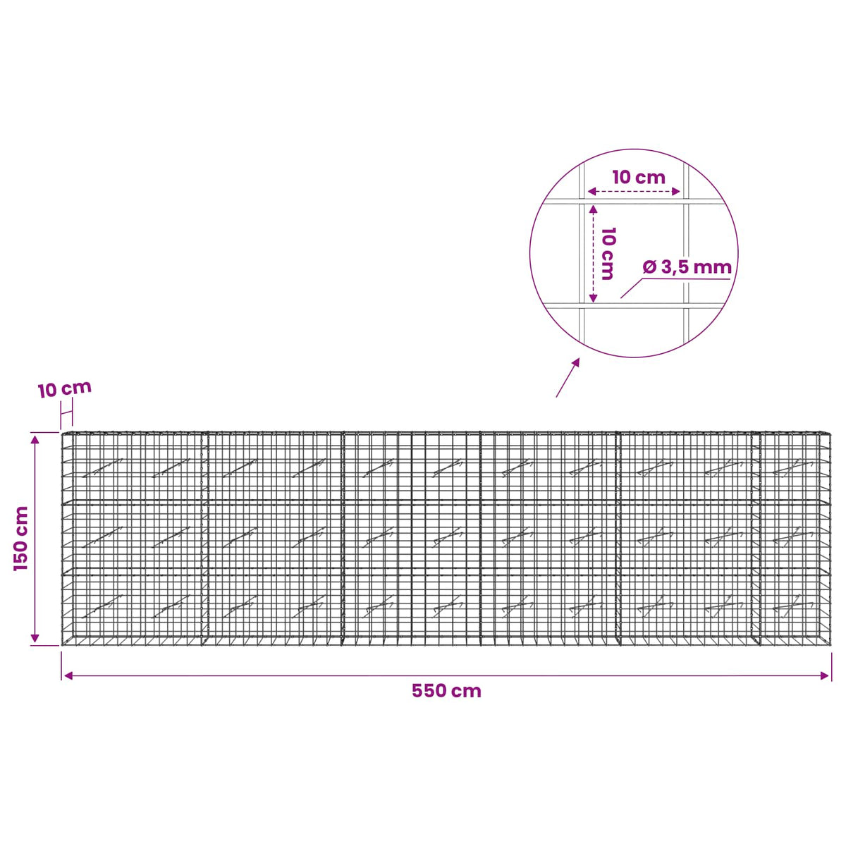 Γκαμπιόν με σύρμα 3,5 mm και πλέγμα 10x10 cm 550x10x150 εκ - Pakobazaar