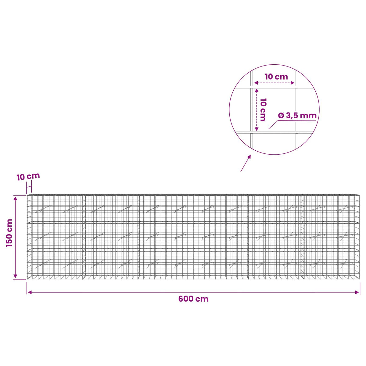 Γκαμπιόν με σύρμα 3,5 mm και πλέγμα 10x10 cm 600x10x150 εκ - Pakobazaar