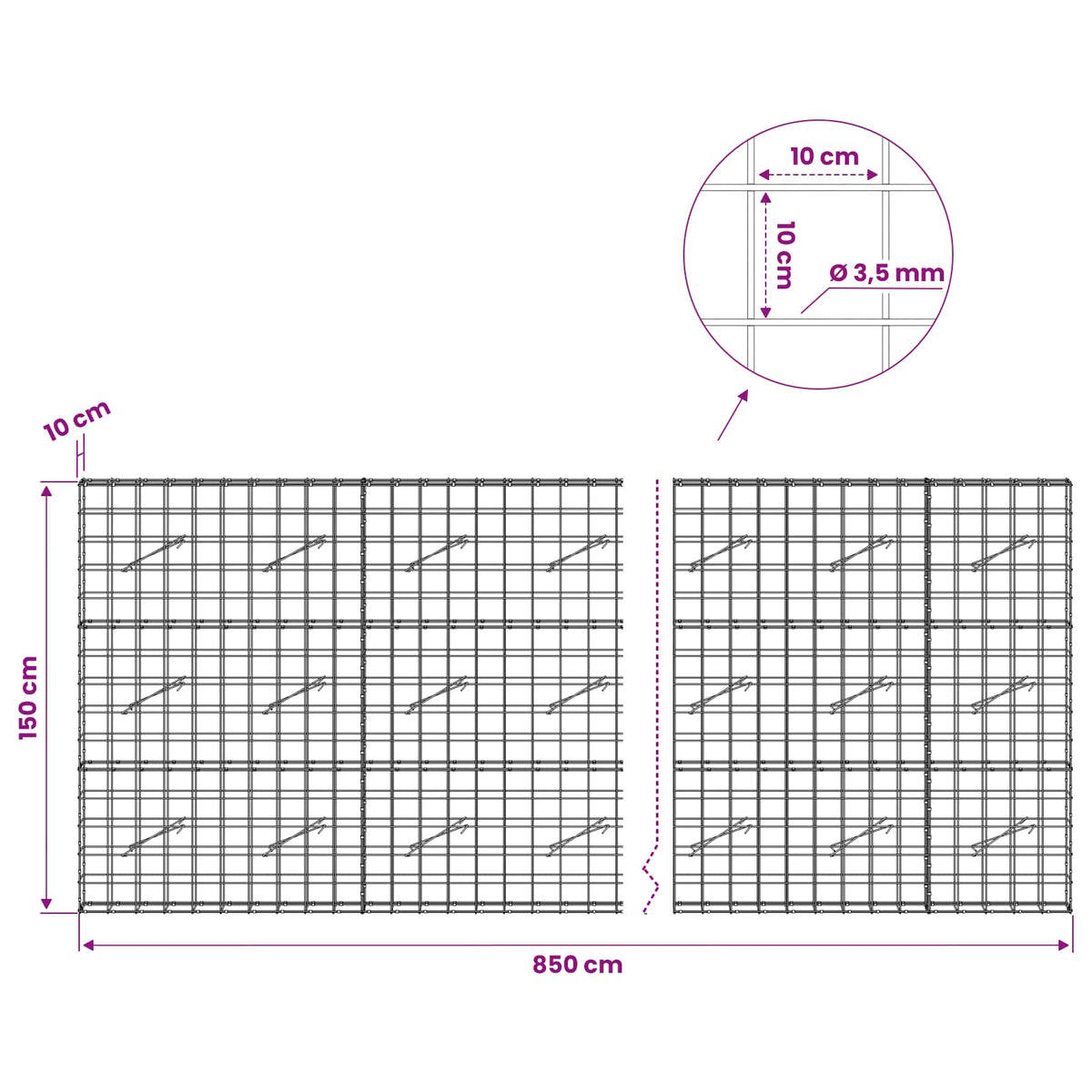 Γκαμπιόν με σύρμα 3,5 mm και πλέγμα 10x10 cm 850x10x150 εκ - Pakobazaar