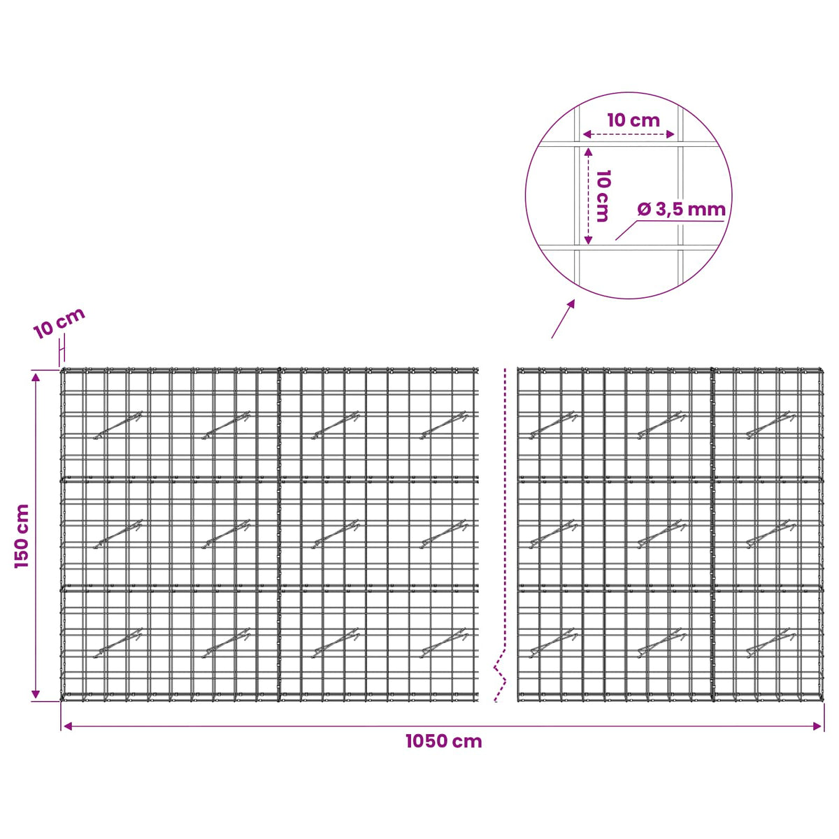 Γκαμπιόν με σύρμα 3,5 mm και πλέγμα 10x10 cm 1050x10x150 εκ