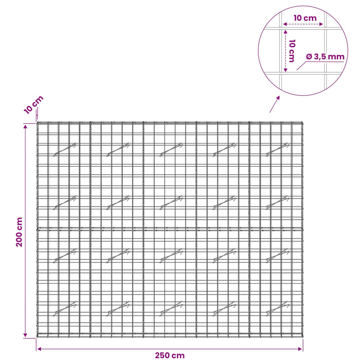 Γκαμπιόν με σύρμα 3,5 mm και πλέγμα 10x10 cm 250x10x200 εκ. - Pakobazaar