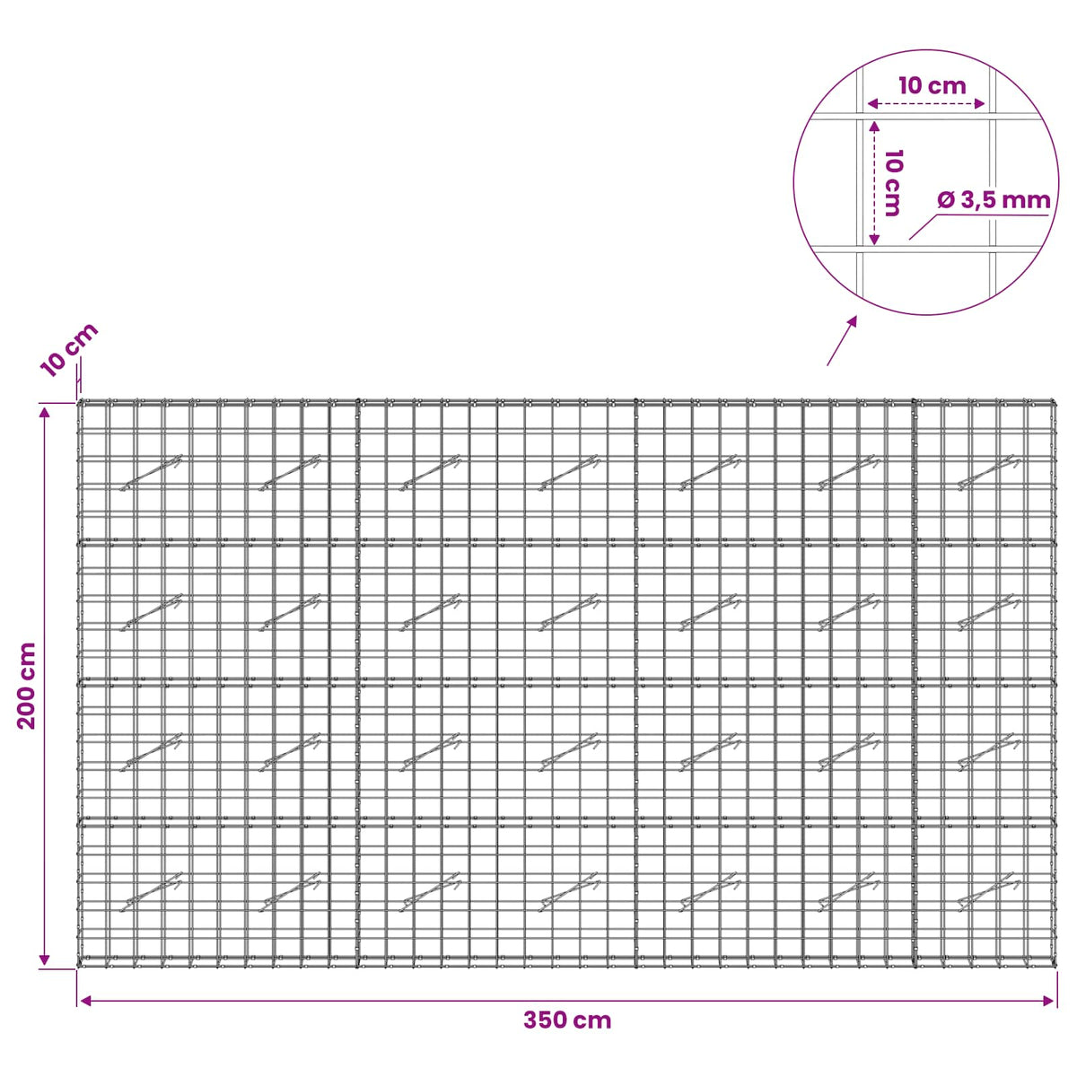 Γκαμπιόν με σύρμα 3,5 mm και πλέγμα 10x10 cm 350x10x200 εκ. - Pakobazaar