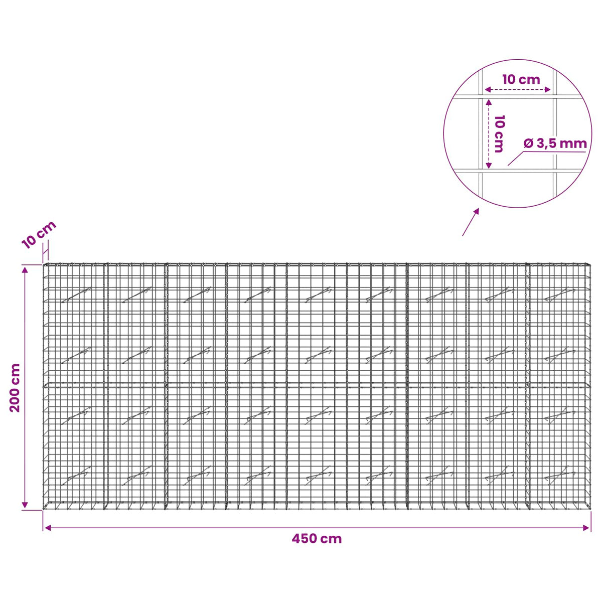 Γκαμπιόν με σύρμα 3,5 mm και πλέγμα 10x10 cm 450x10x200 εκ - Pakobazaar