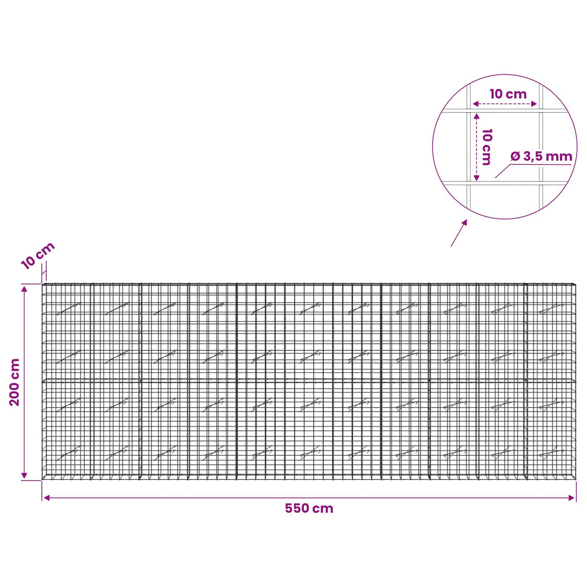 Γκαμπιόν με σύρμα 3,5 mm και πλέγμα 10x10 cm 550x10x200 εκ - Pakobazaar