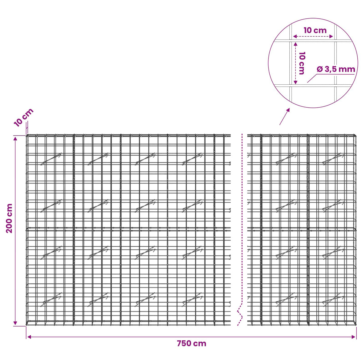 Γκαμπιόν με σύρμα 3,5 mm και πλέγμα 10x10 cm 750x10x200 εκ - Pakobazaar