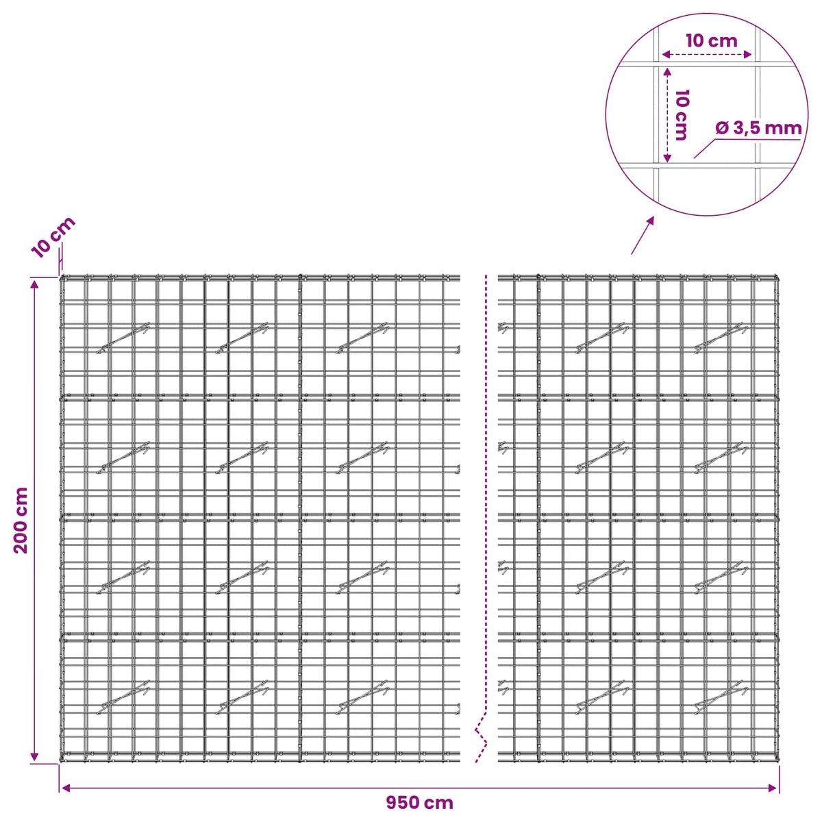 Γκαμπιόν με σύρμα 3,5 mm και πλέγμα 10x10 cm 950x10x200 εκ - Pakobazaar