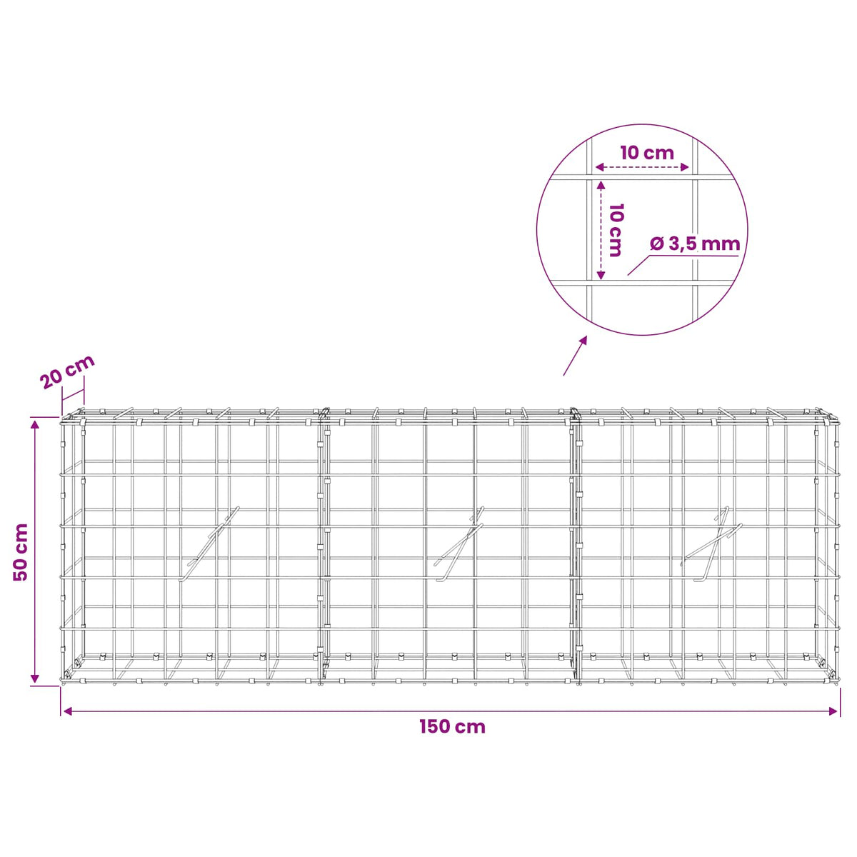 Γκαμπιόν με σύρμα 3,5 mm και πλέγμα 10x10 cm 150x20x50 εκ - Pakobazaar