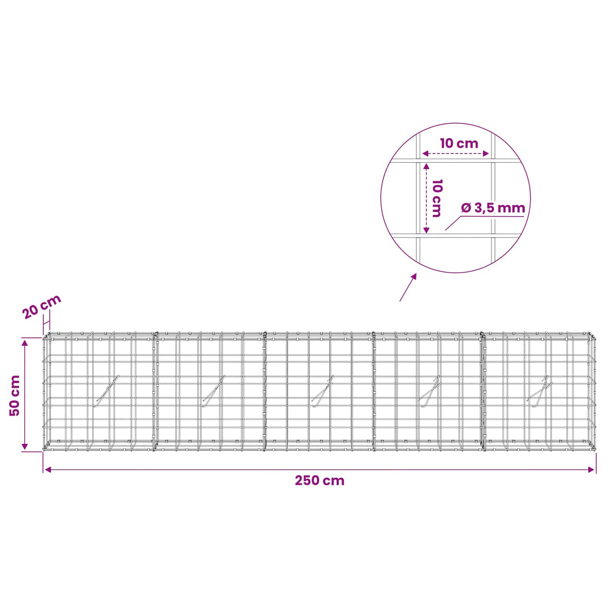 Γκαμπιόν με σύρμα 3,5 mm και πλέγμα 10x10 cm 250x20x50 εκ