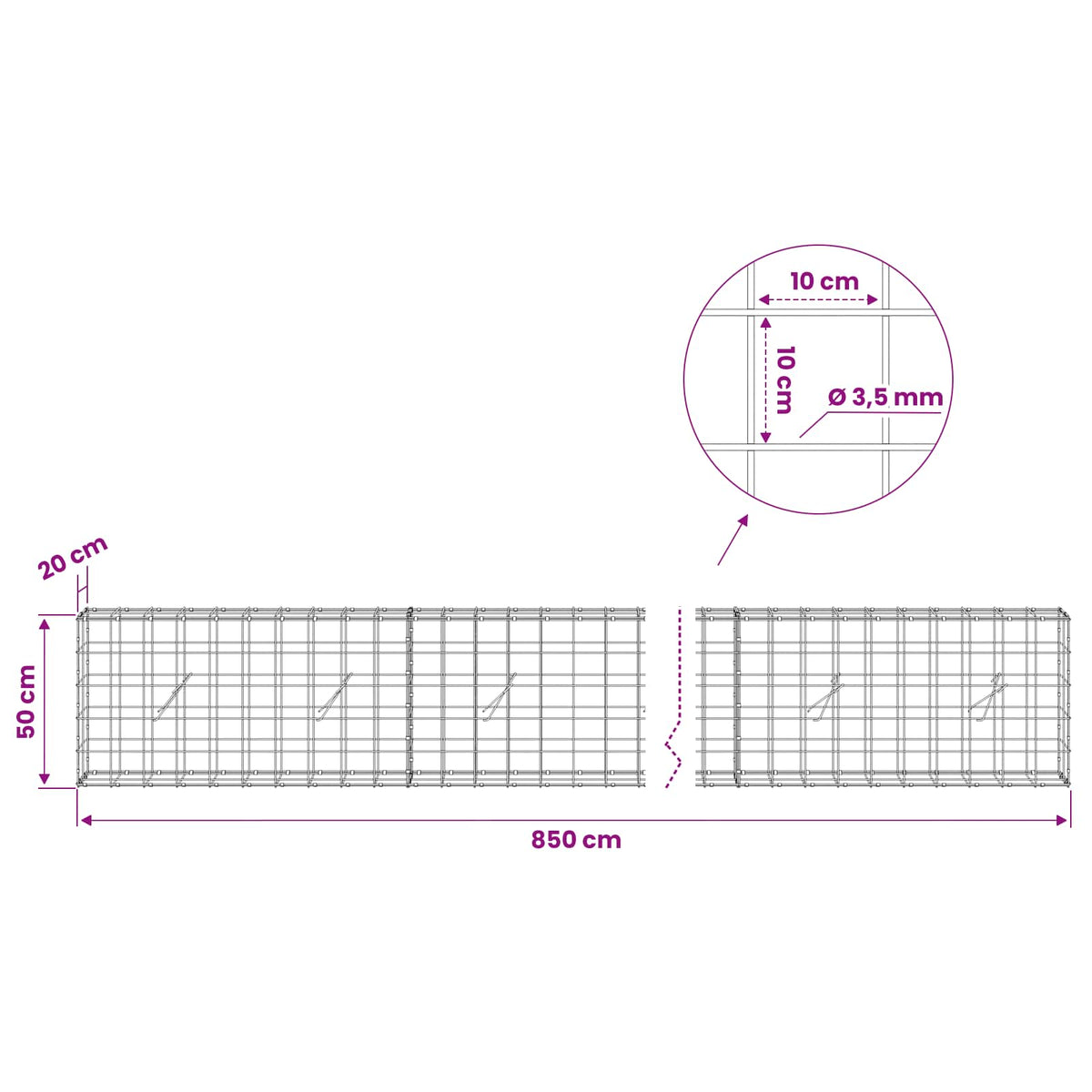 Γκαμπιόν με σύρμα 3,5 mm και πλέγμα 10x10 cm 850x20x50 εκ