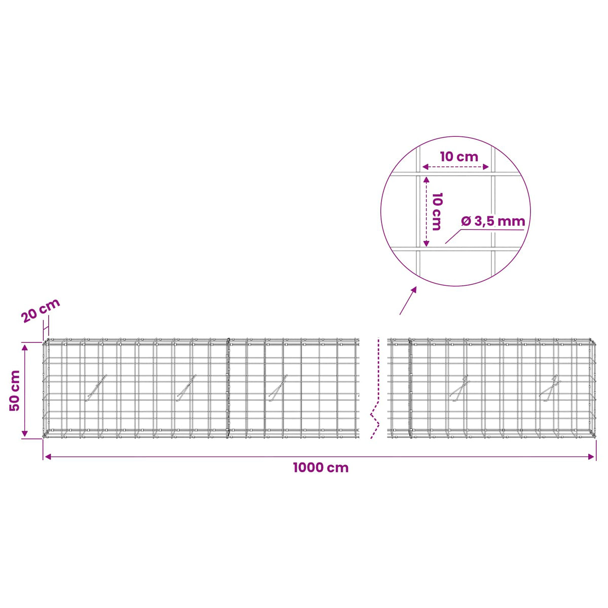 Γκαμπιόν με σύρμα 3,5 mm και πλέγμα 10x10 cm 1000x20x50 εκ - Pakobazaar