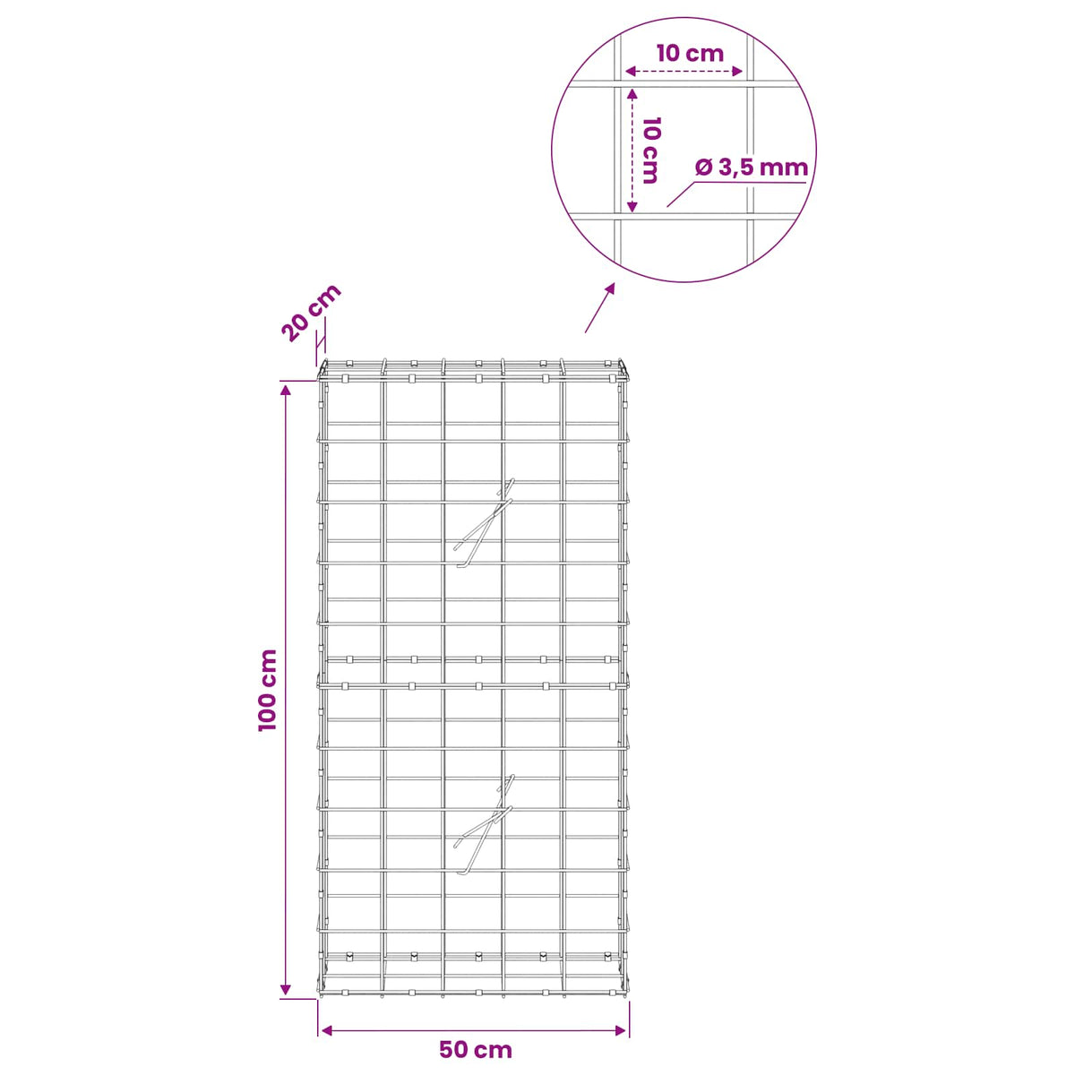 Γκαμπιόν με σύρμα 3,5 mm και πλέγμα 10x10 cm 50x20x100 εκ - Pakobazaar