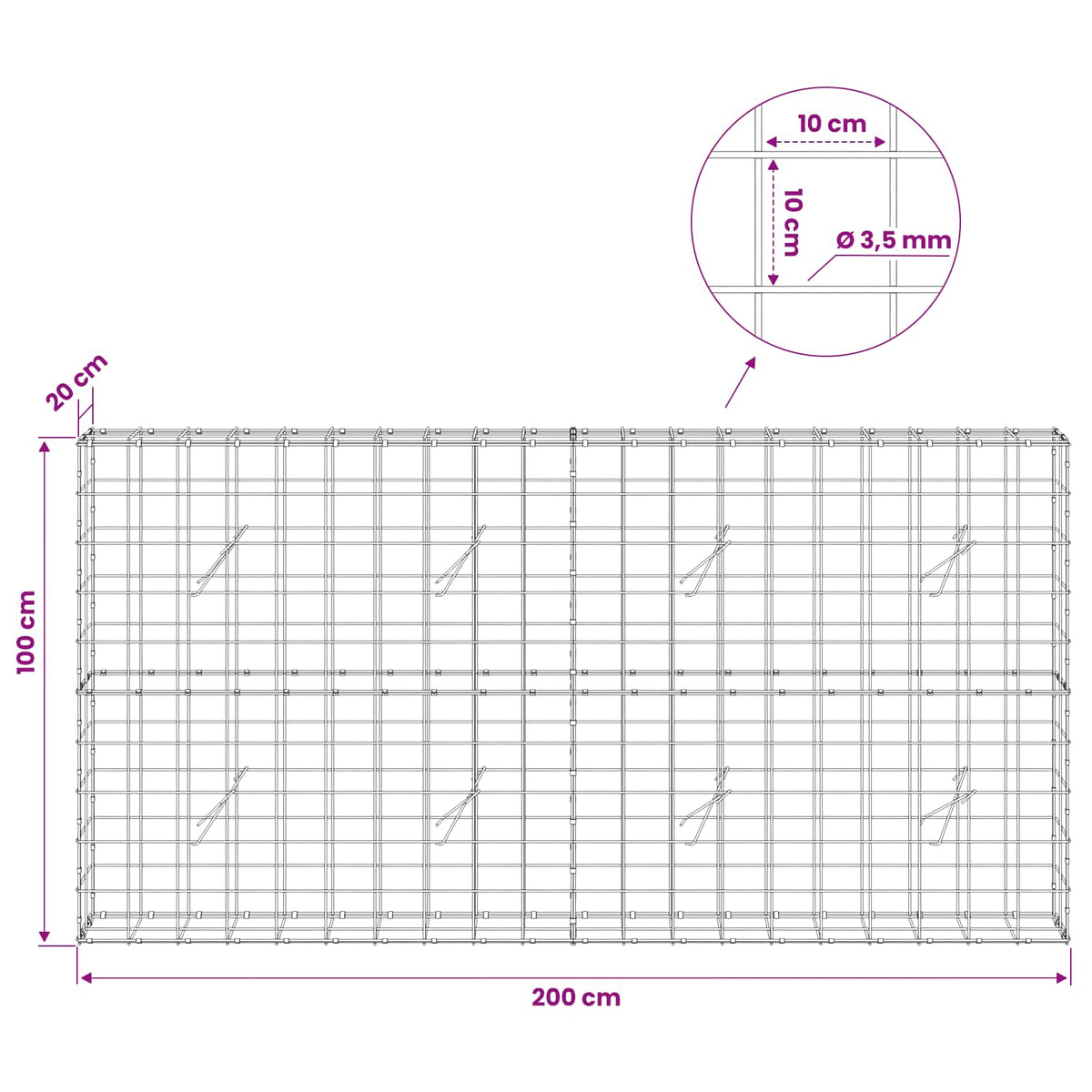 Γκαμπιόν με σύρμα 3,5 mm και πλέγμα 10x10 cm 200x20x100 εκ - Pakobazaar