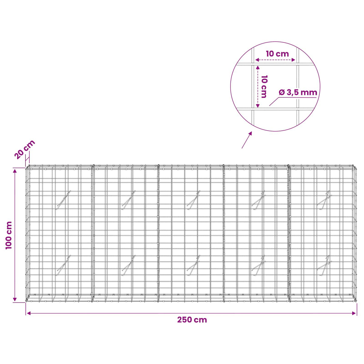 Γκαμπιόν με σύρμα 3,5 mm και πλέγμα 10x10 cm 250x20x100 εκ - Pakobazaar