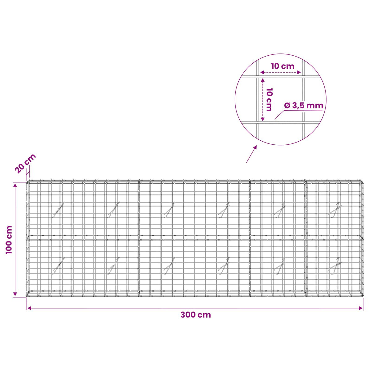 Γκαμπιόν με σύρμα 3,5 mm και πλέγμα 10x10 cm 300x20x100 εκ - Pakobazaar